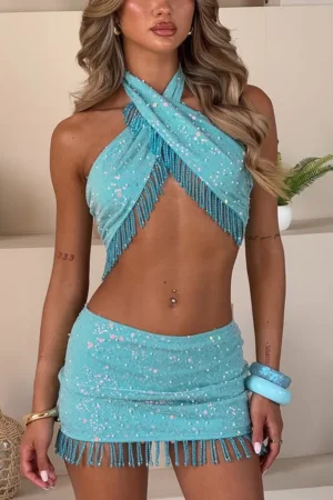 Blue Sequin Tassel Two Piece Set