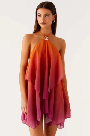 Gradient Halter Ruffle Mini Dress