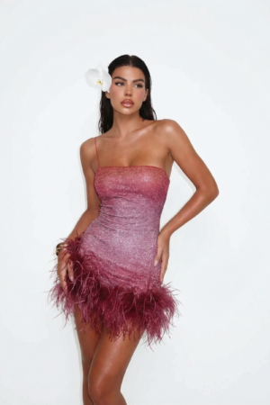 Pink Feather Ruffle Mini Dress