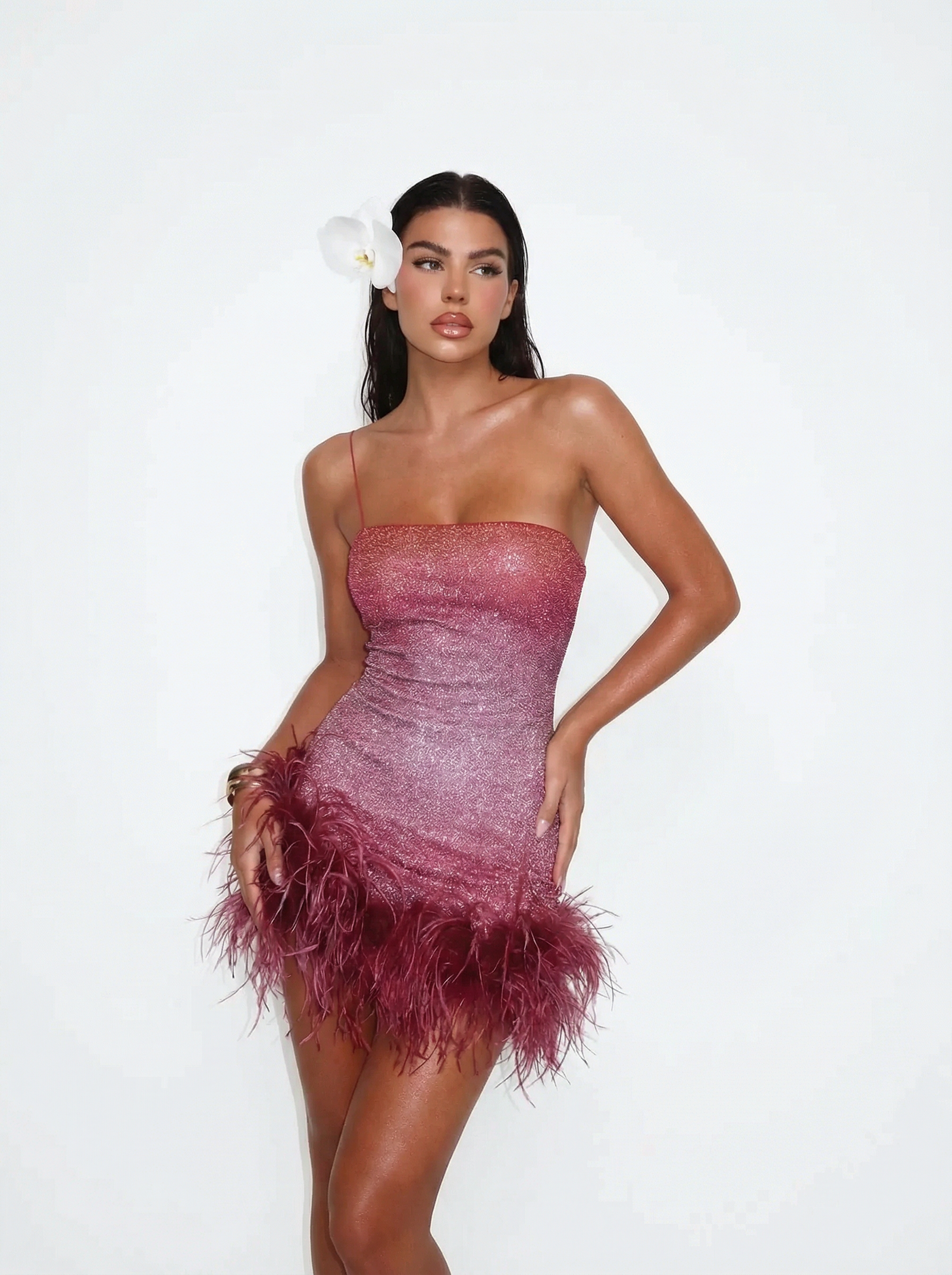Pink Feather Ruffle Mini Dress