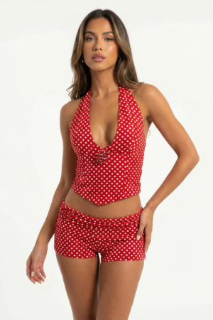 Polka Dot Print Halter Neck Tank Top & Shorts Set
