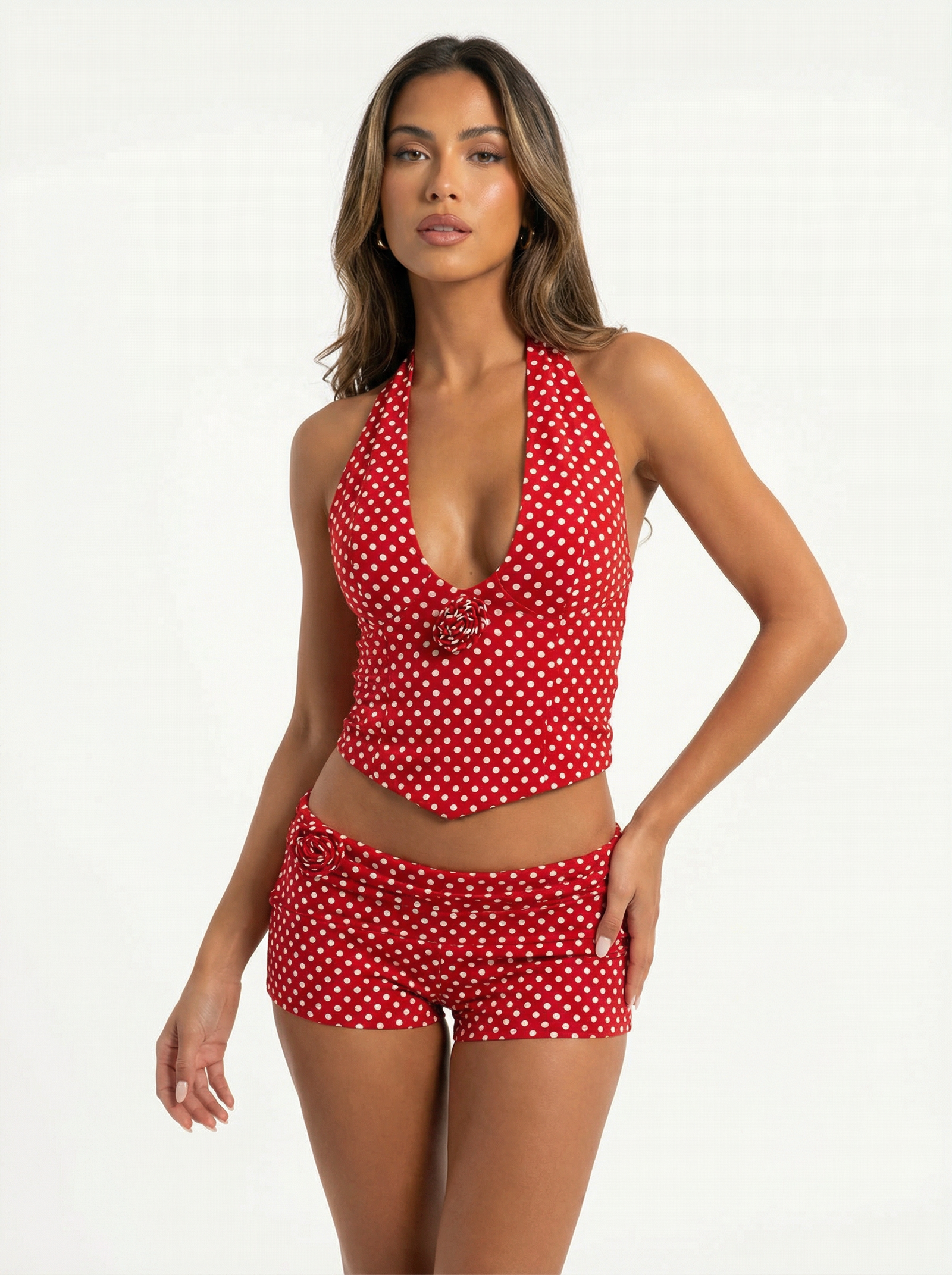 Polka Dot Print Halter Neck Tank Top & Shorts Set