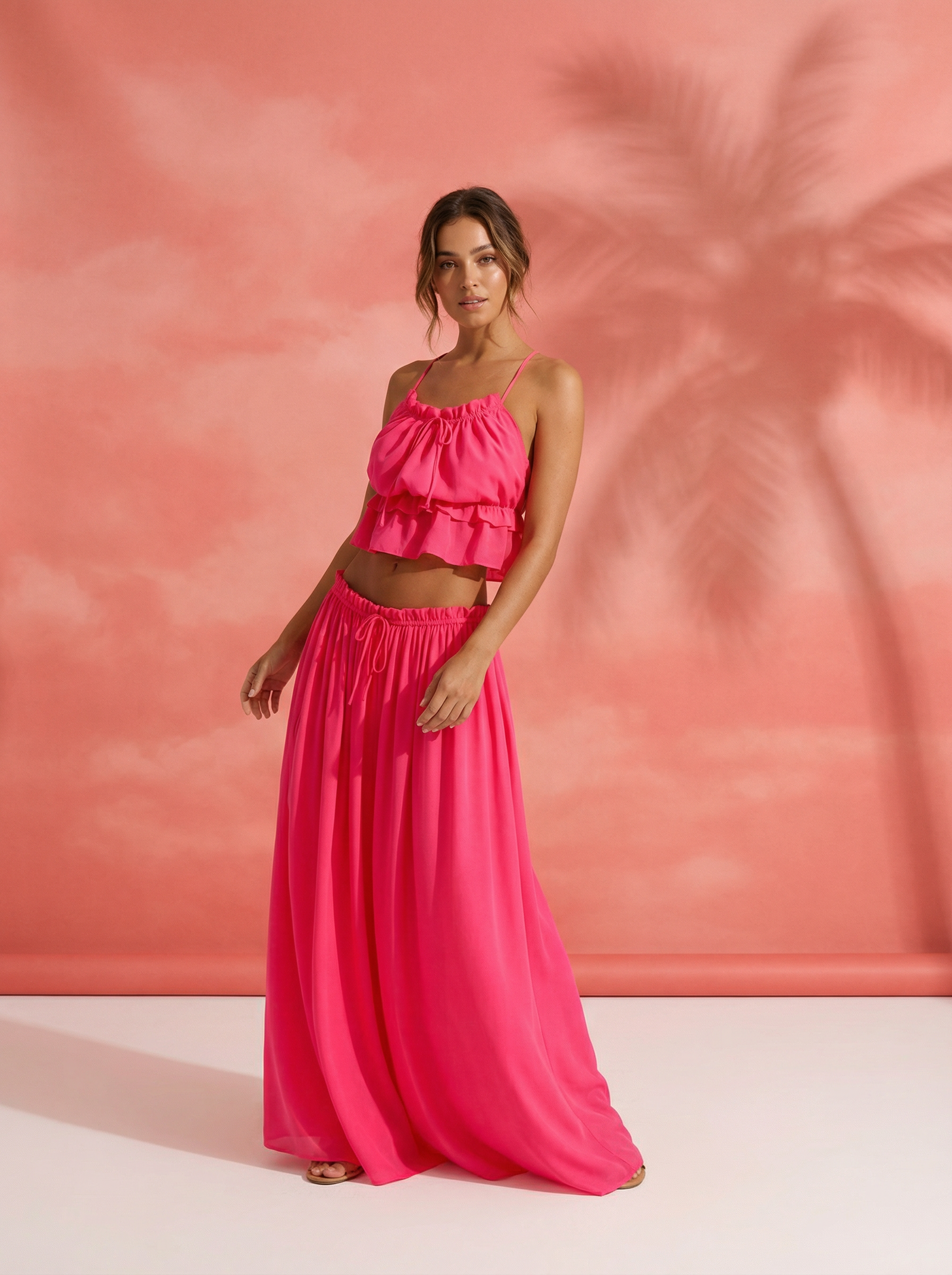 Sleeveless Tie Front Cami Crop Top & Long Skirt