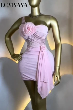 Pink One Shoulder Lace Floral Bodycon Mini Dress